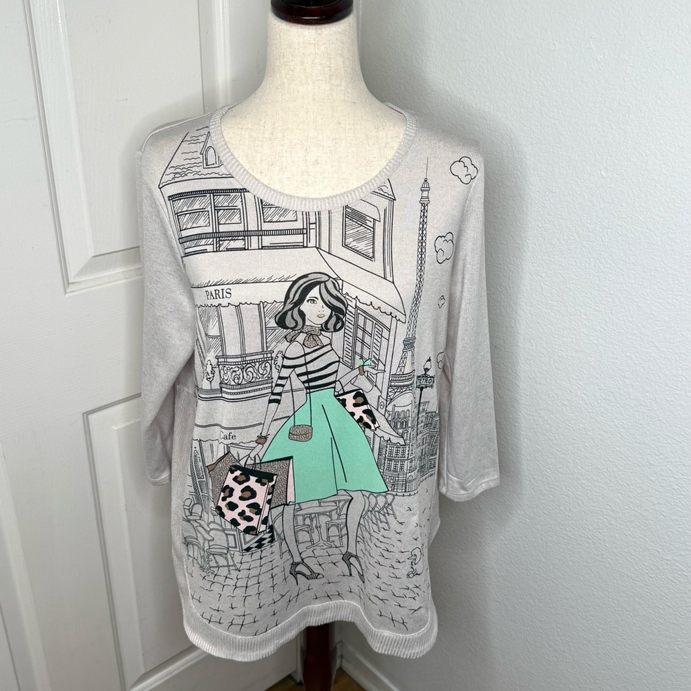 Mesh & Lace Women’s Parisian Shopping Sweater Small Rhinestone Accents SZ L
